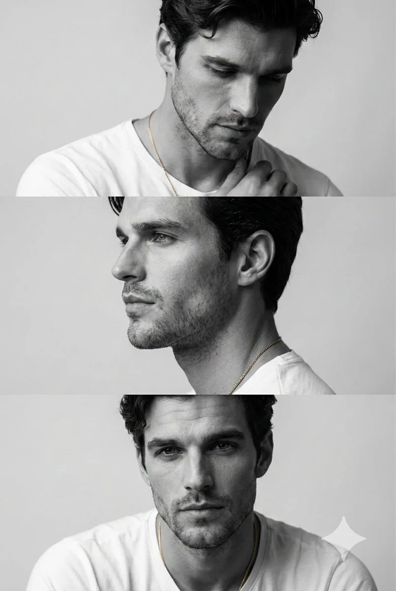 Monochrome Fashion Editorial Triptych of Young Man reference