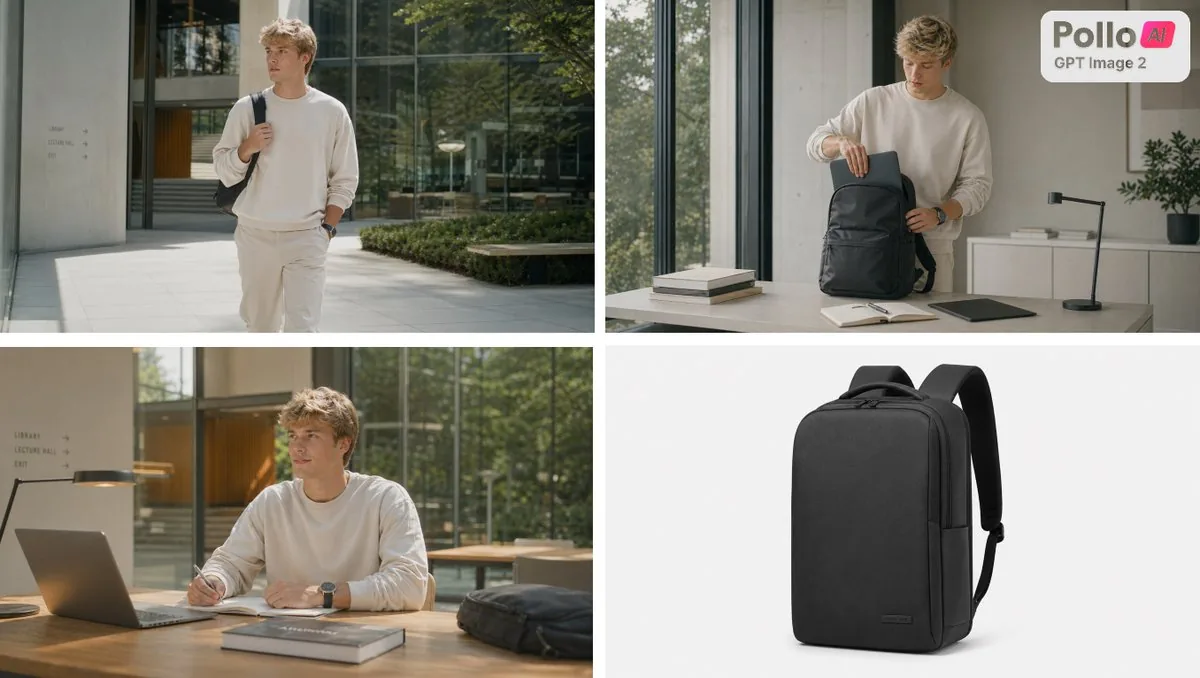 Four-Panel Backpack Lifestyle Ad reference