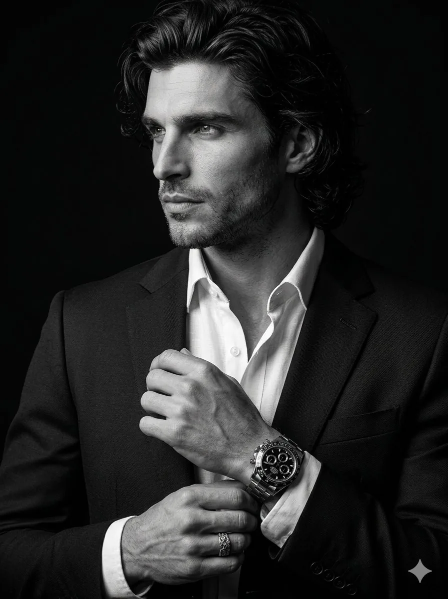 Cinematic Black-and-White Suit Portrait reference