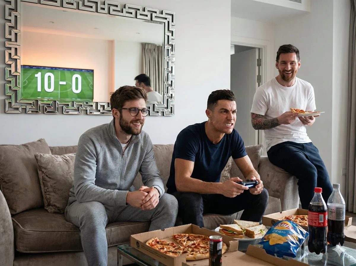 Hyper-Realistic Cinematic Scene of Ronaldo Losing a Video Game to Subject - Nano Banana Pro AI Prompt for Social Media Post reference