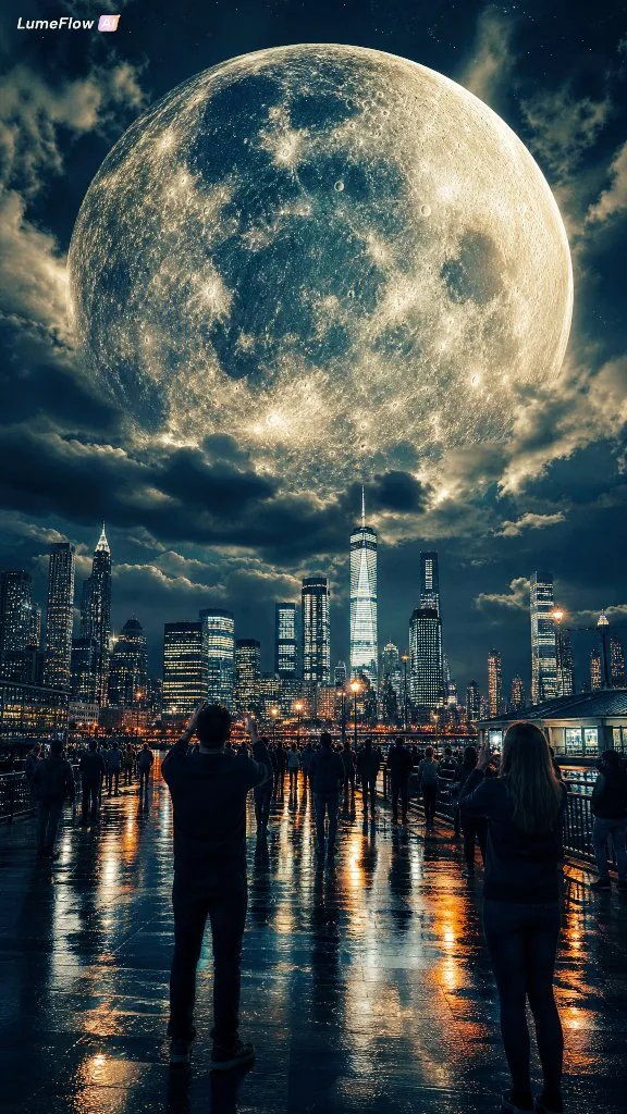 Gigantic Moon Over City Skyline reference