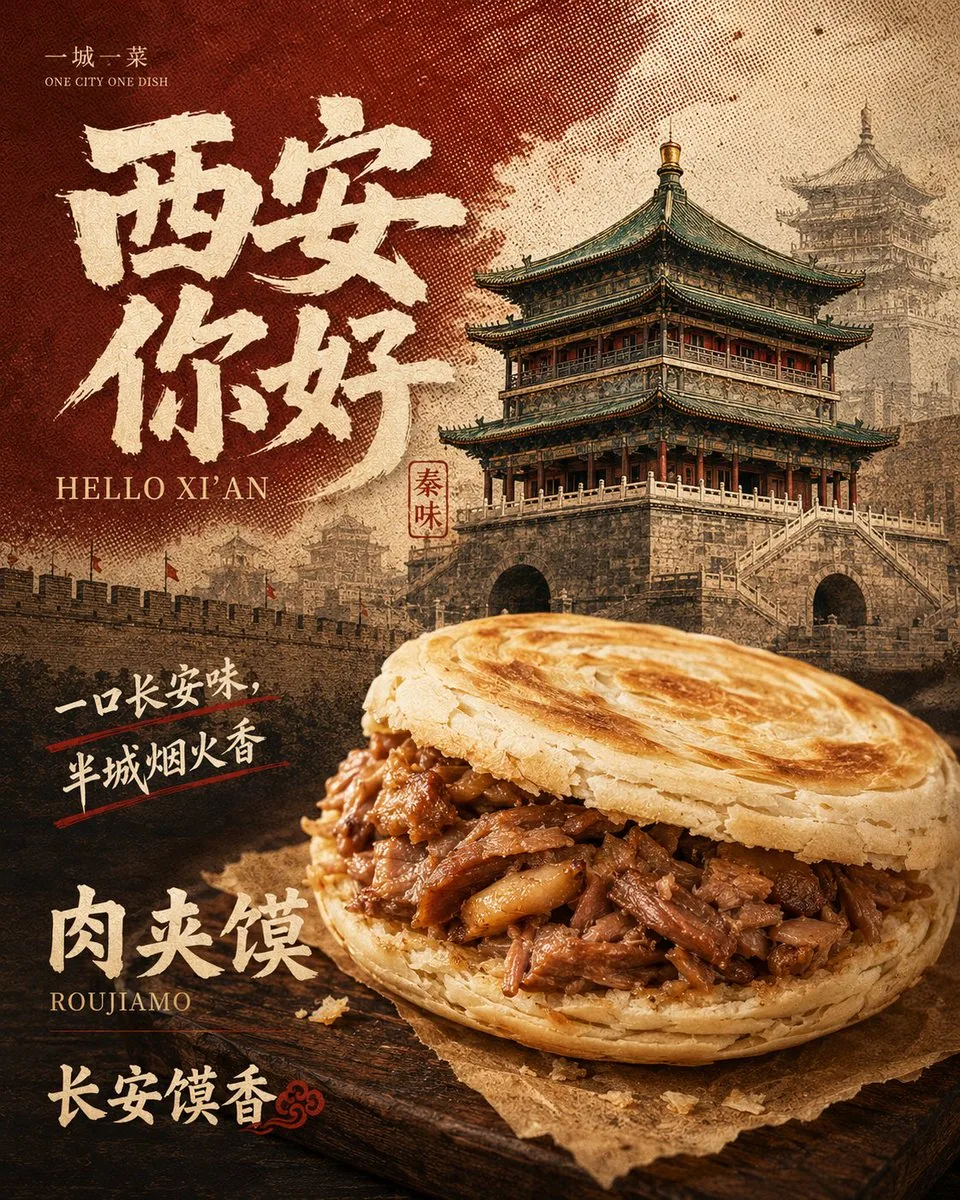 Retro Xi'an Roujiamo Food Poster reference