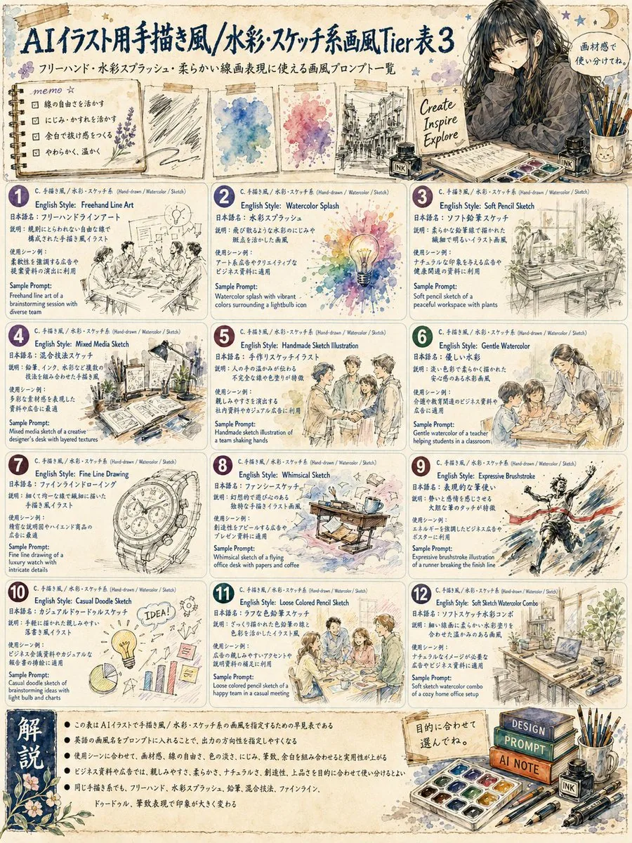 Japanese Watercolor Sketch Style Tier Poster reference