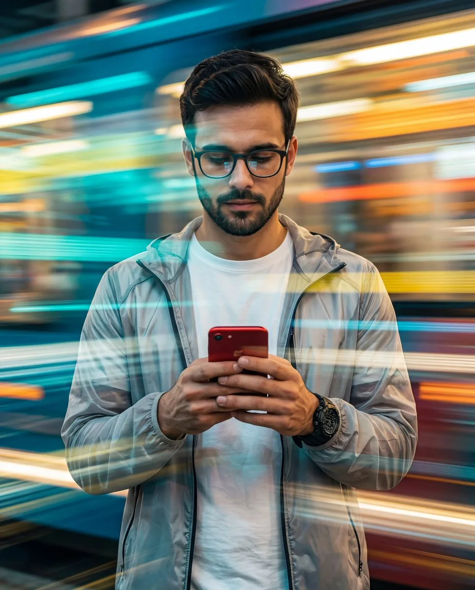 Man with Motion Blur Streaks and Double Exposure Effect - Nano Banana Pro AI Prompt for Social Media Post reference