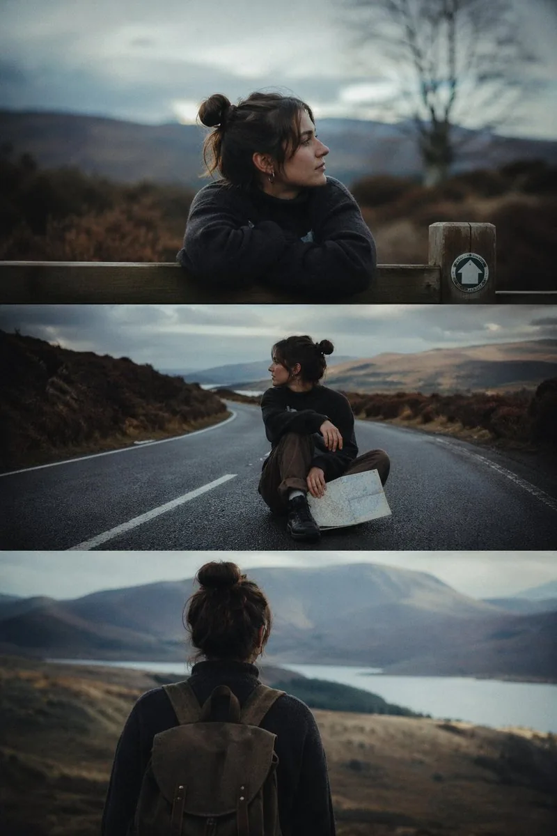 Cinematic 3-Frame Solo Travel Stills reference