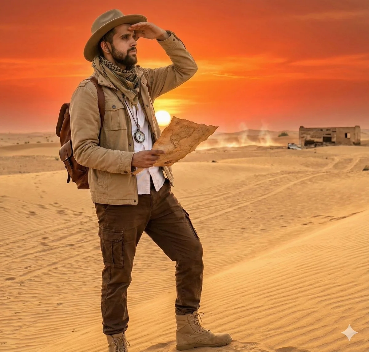 Cinematic Desert Explorer Scene Documentation - Nano Banana Pro AI Prompt for Cinematic / Film Still reference