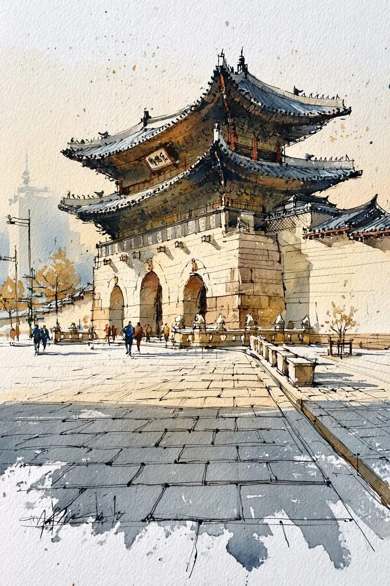Korean Hanok Watercolor Sketch reference