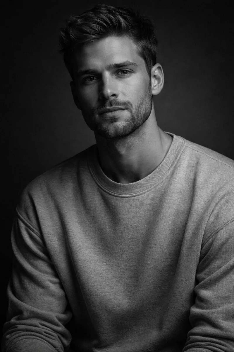 High-Contrast Monochrome Studio Portrait of a Man reference