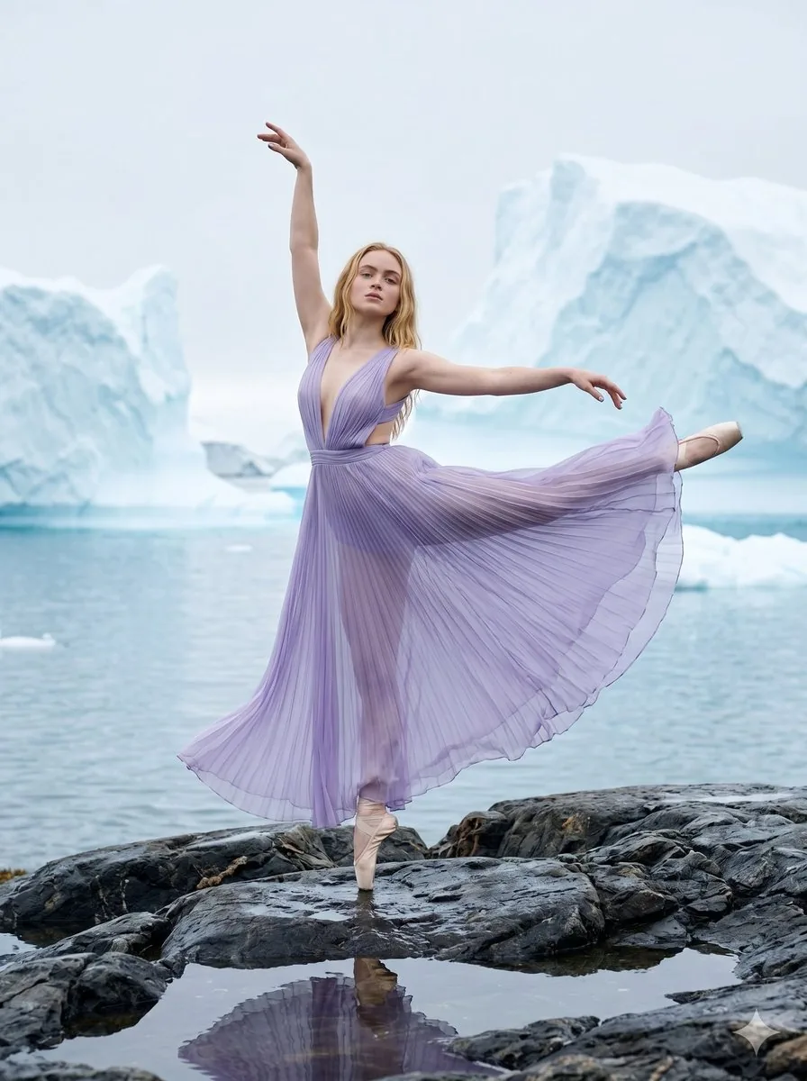 Ballerina on Arctic Icebergs - Nano Banana Pro AI Prompt for Product Marketing reference