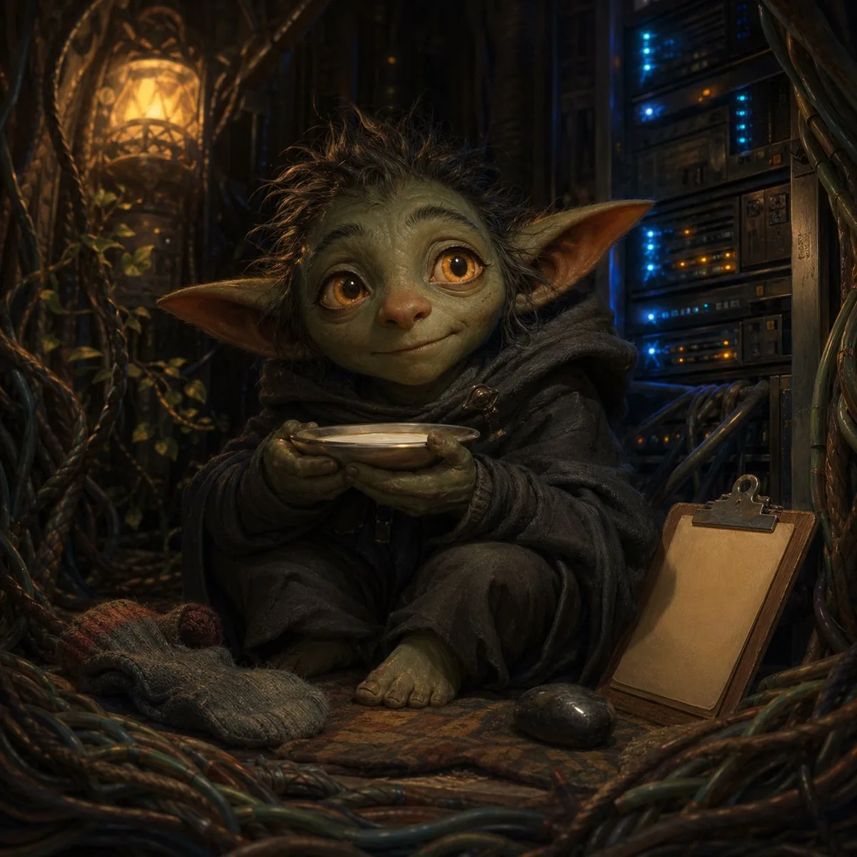 Fantasy Creature With Milk in Server Room reference