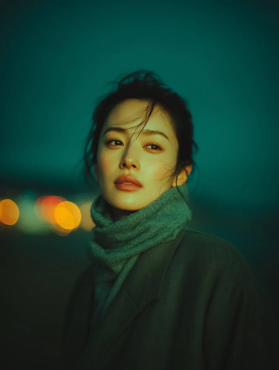 Cinematic Night Portrait with Teal-Green Grading reference