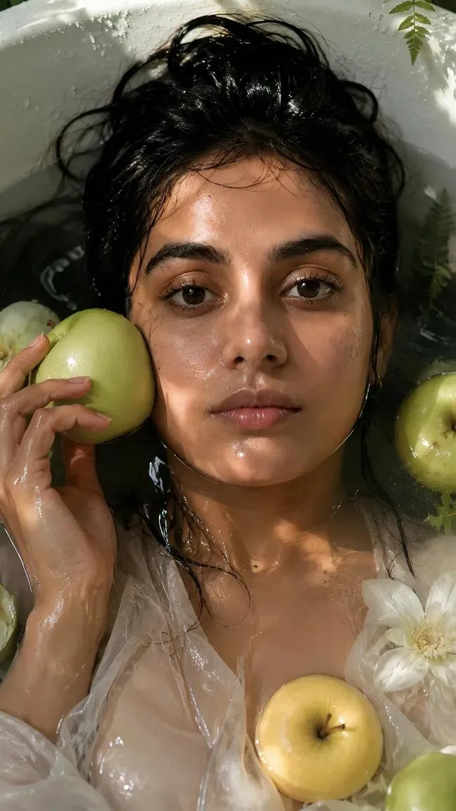Cinematic Fashion Portrait in Tropical Greenhouse reference
