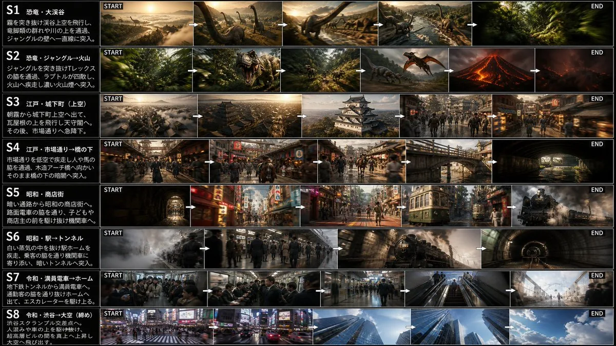 Multi-Era Cinematic FPV Storyboard reference