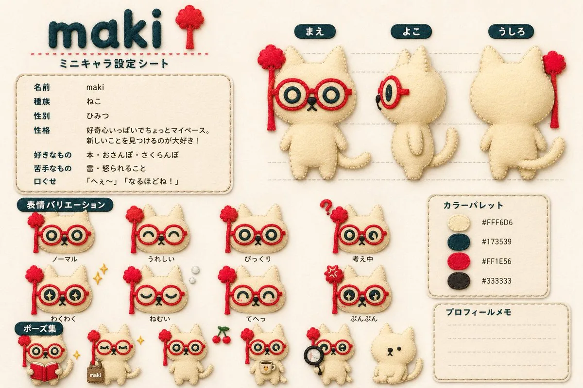 Felt Cat Character Reference Sheet reference