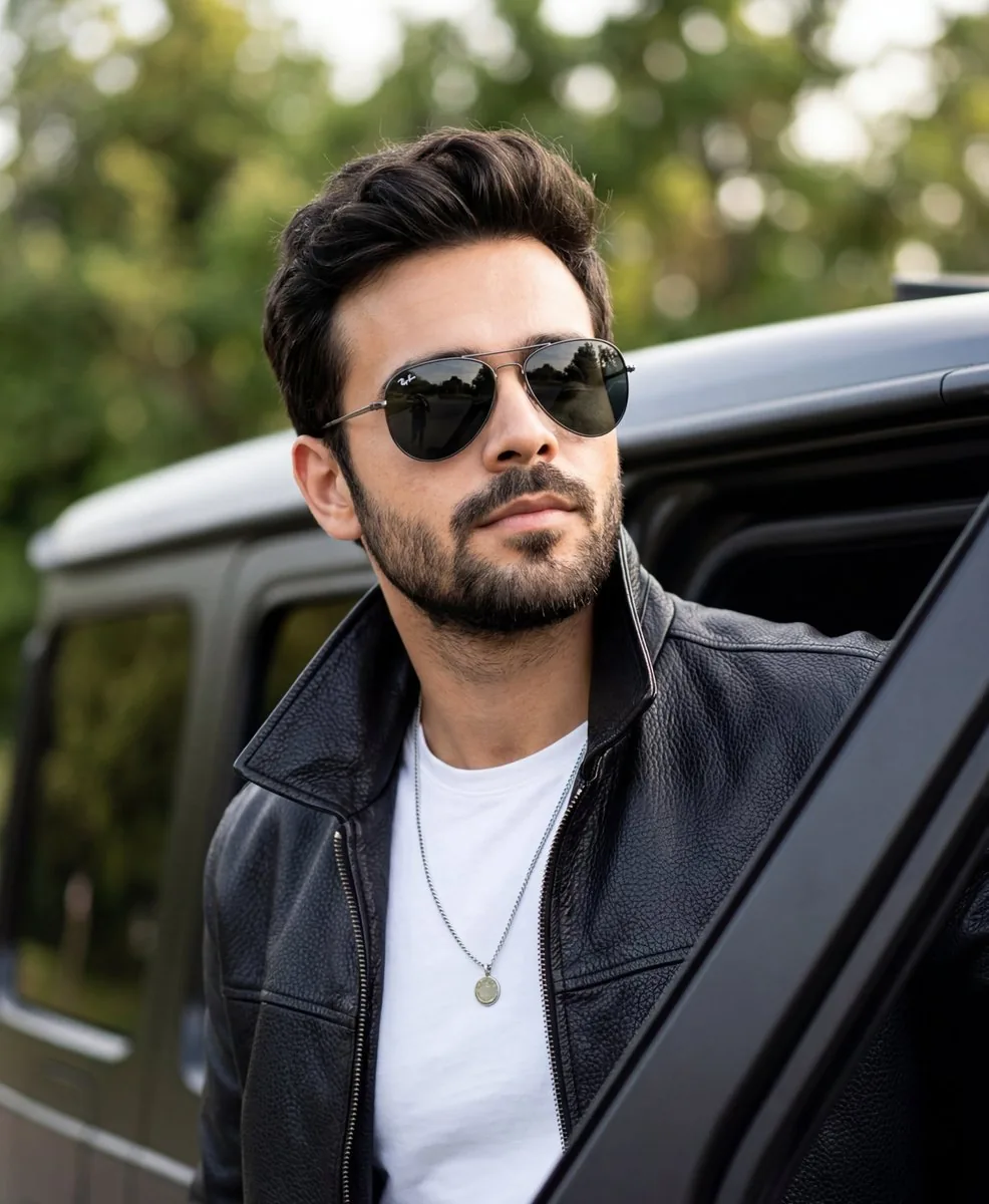 Cinematic Portrait of Man in Leather Jacket and Sunglasses reference