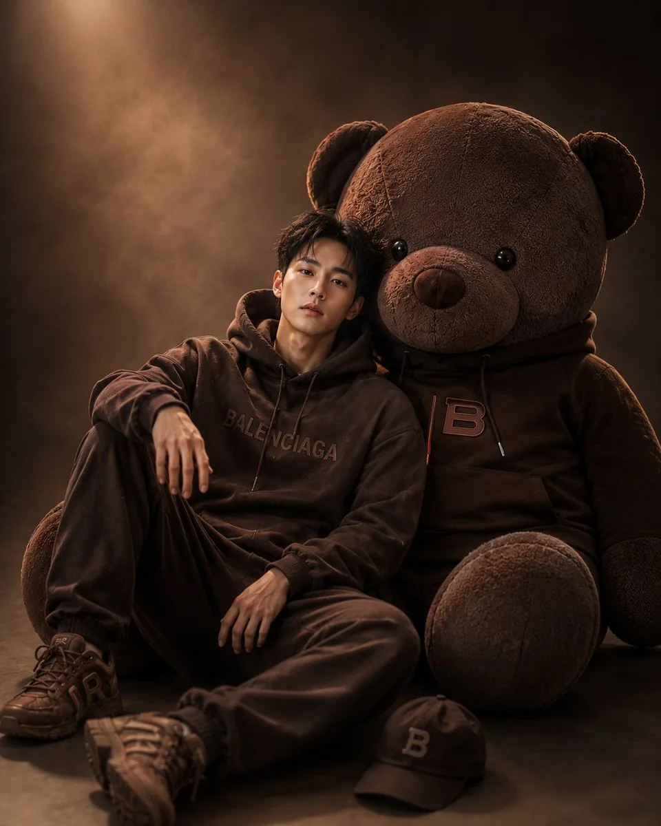 Cinematic Studio Portrait with Giant Teddy Bear reference