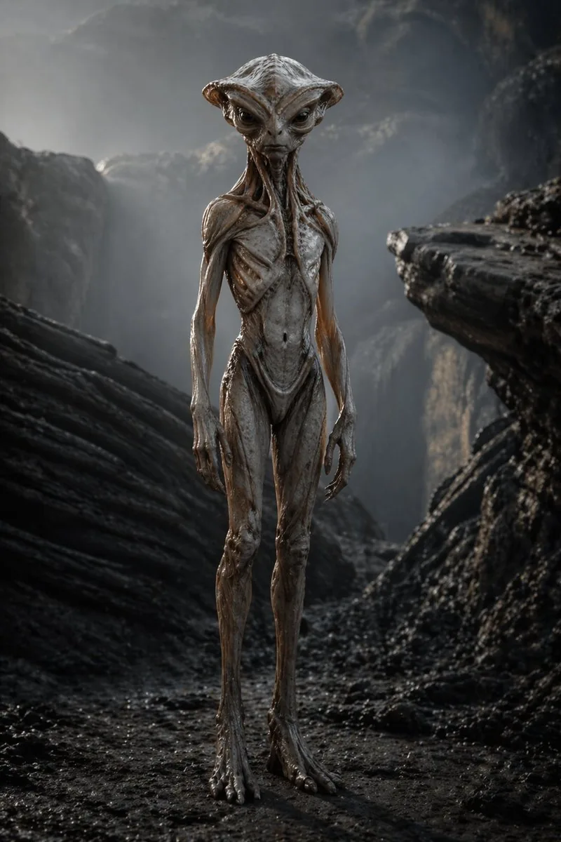 Photoreal Alien in Dark Ravine reference