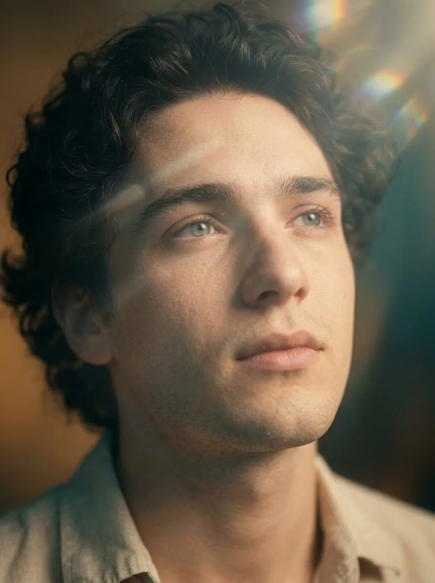 Cinematic Close-Up Portrait with Lens Flares reference