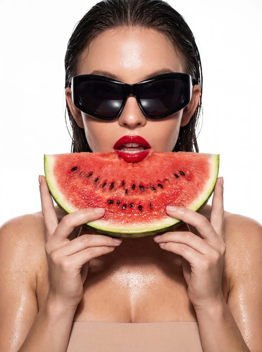Hyper-Stylized Close-up with Watermelon and Futuristic Sunglasses reference