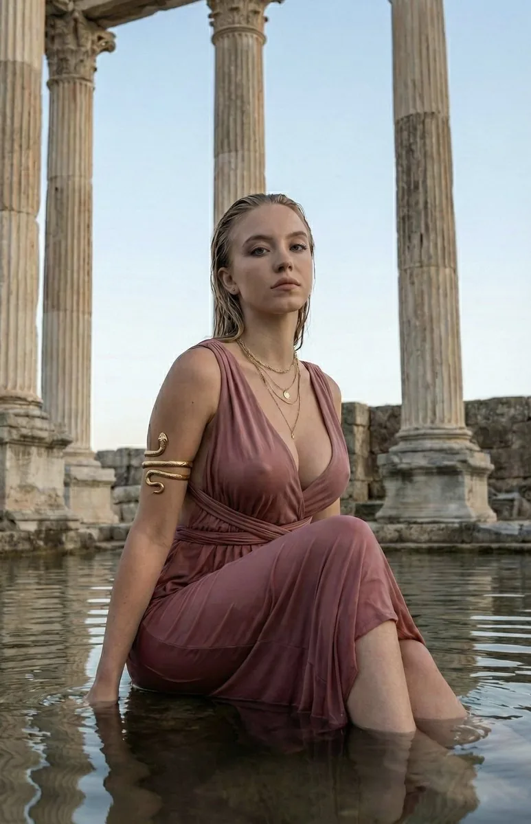 Sydney Sweeney as Modern Aphrodite in Flooded Ruins - Nano Banana Pro AI Prompt for Product Marketing reference