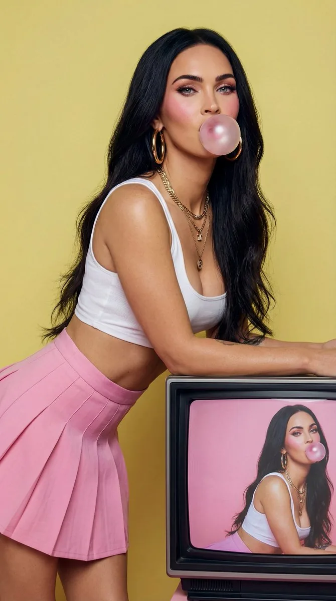 Fashion Editorial: Woman Blowing Bubblegum on Retro TV - Nano Banana Pro AI Prompt for Product Marketing reference