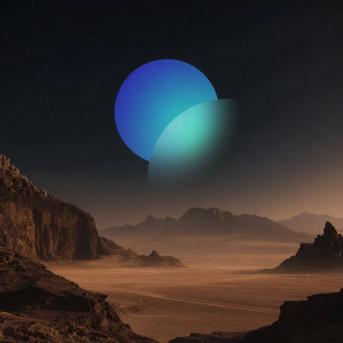 Surreal Desert with Twin Celestial Spheres reference