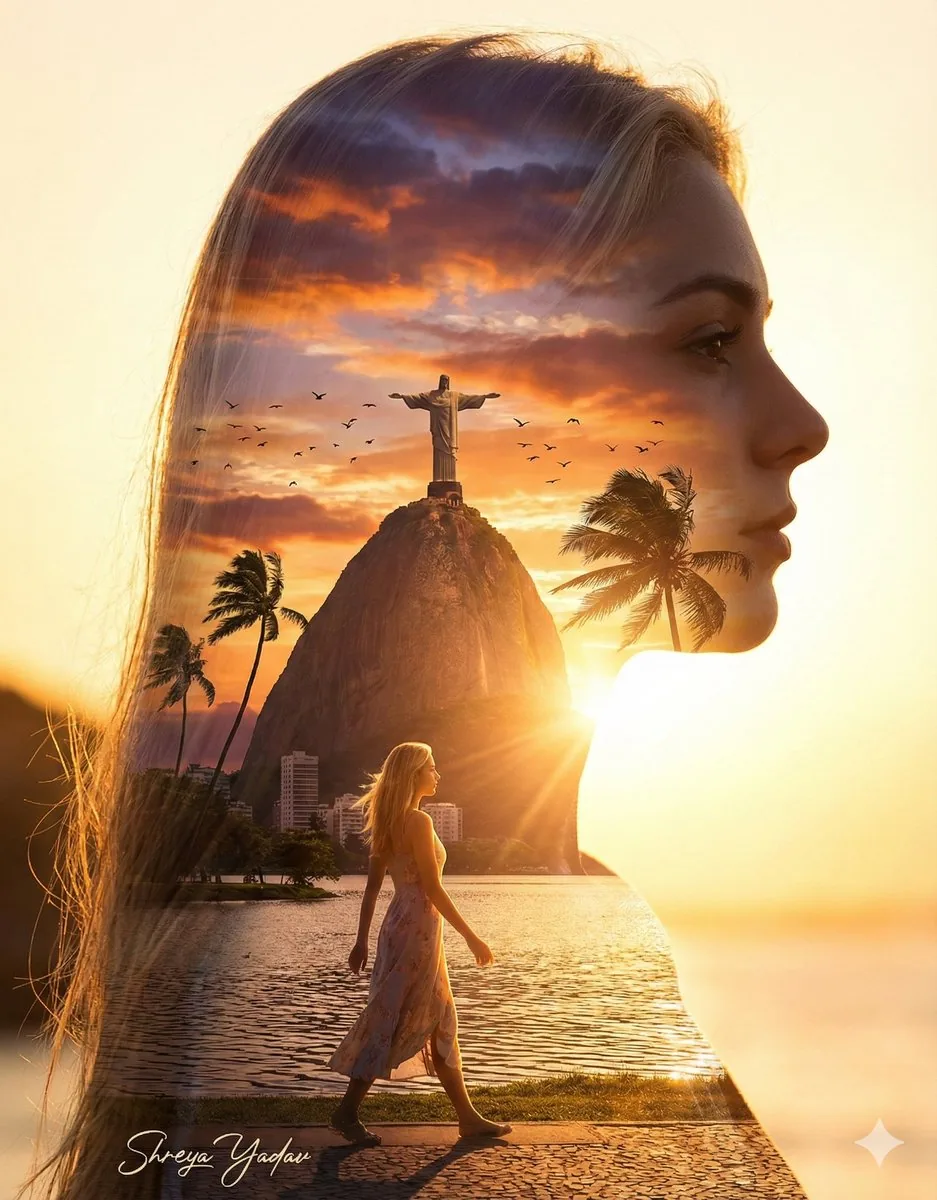 Cinematic Double Exposure Portrait with Christ the Redeemer - Nano Banana Pro AI Prompt for Social Media Post reference