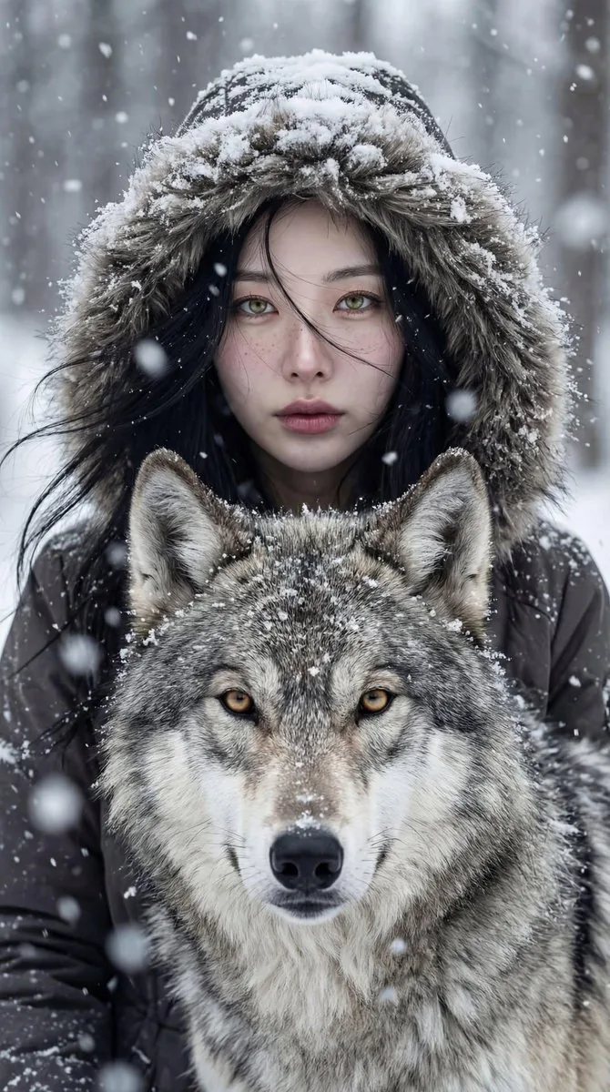 Cinematic Winter Portrait: Woman and Wolf - Nano Banana Pro AI Prompt for Portrait / Selfie reference