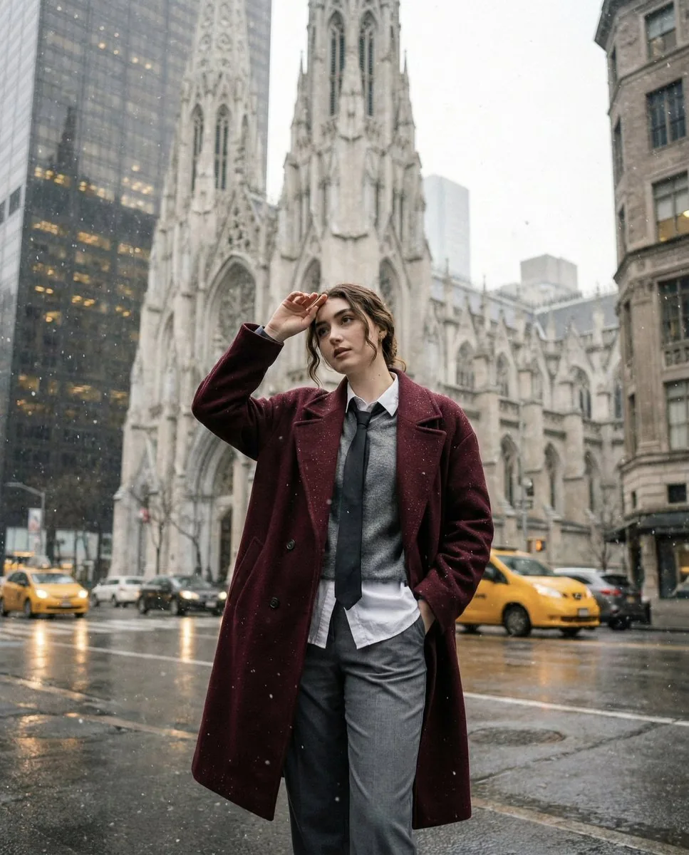 Candid Winter City Portrait during Snowfall - Nano Banana Pro AI Prompt for Social Media Post reference