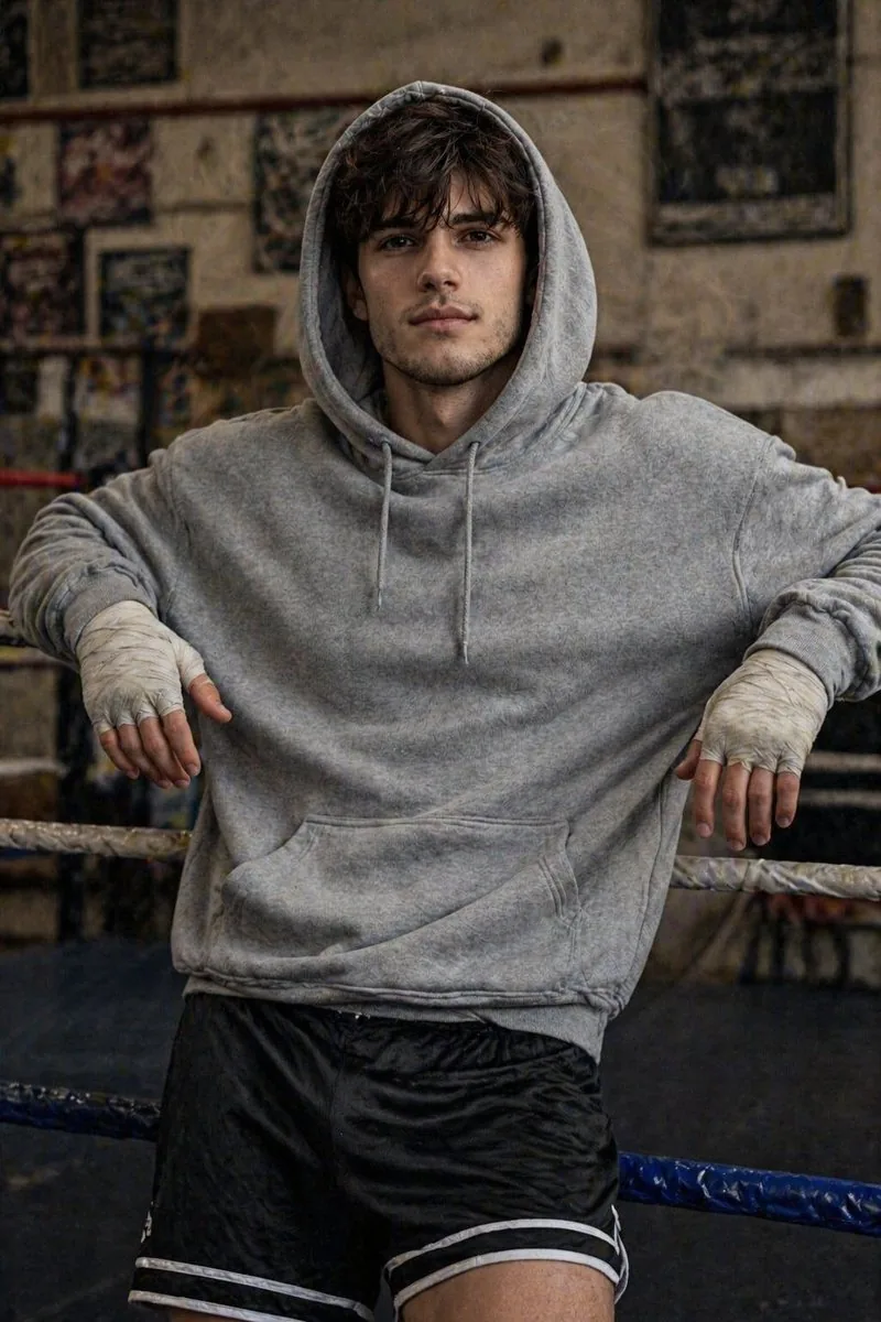 Gritty Boxer Leaning on Ring Ropes reference