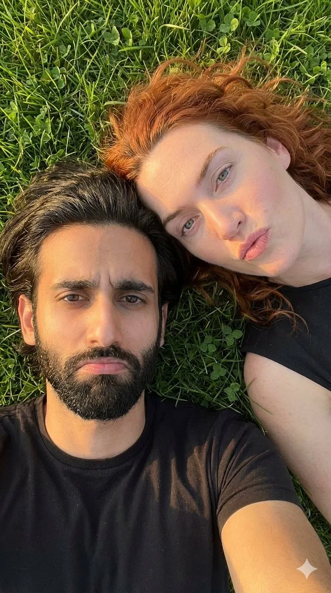 Hyper-Realistic Couple Selfie on Grass Prompt reference