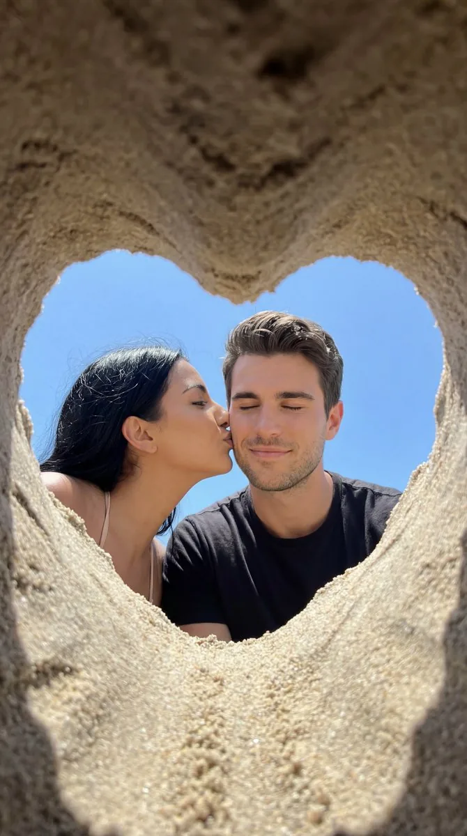 Candid Beach Kiss Framed by Sand Heart - Nano Banana Pro AI Prompt for Social Media Post reference