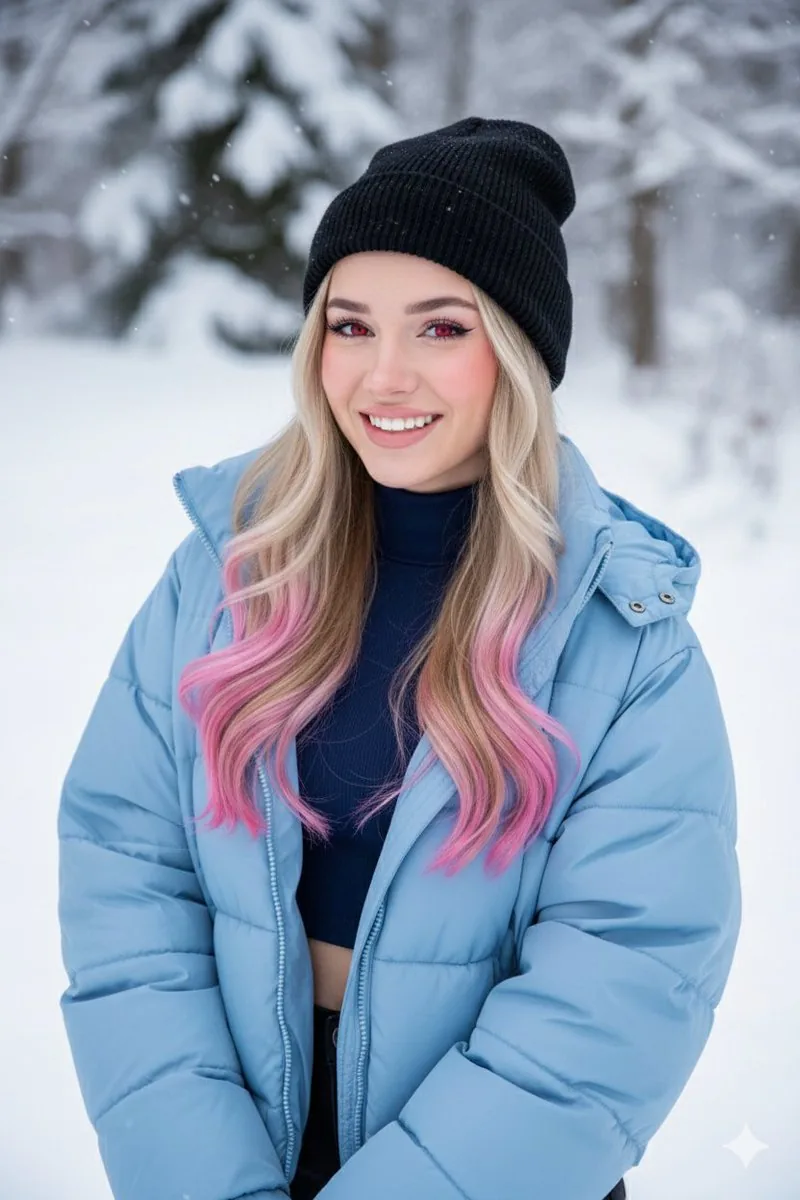 Digital Art Portrait of Girl with Pink-Tipped Hair in Winter reference