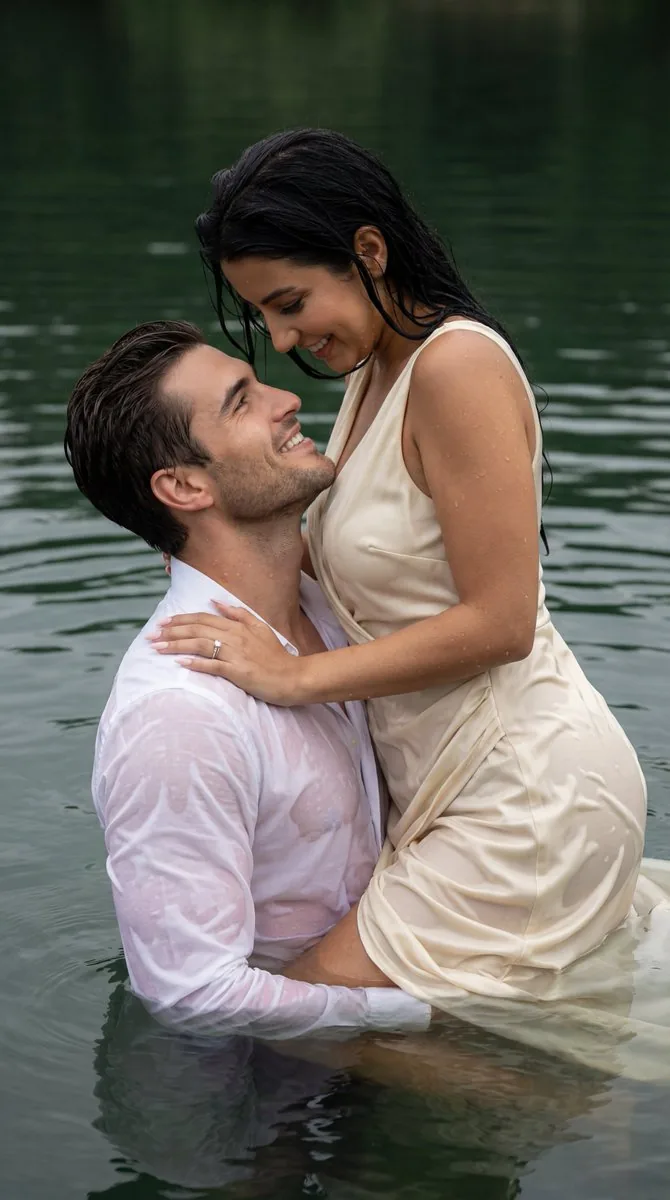 Cinematic Couple Embrace in Lake Prompt (Wet Fabric Physics) - Nano Banana Pro AI Prompt for Social Media Post reference