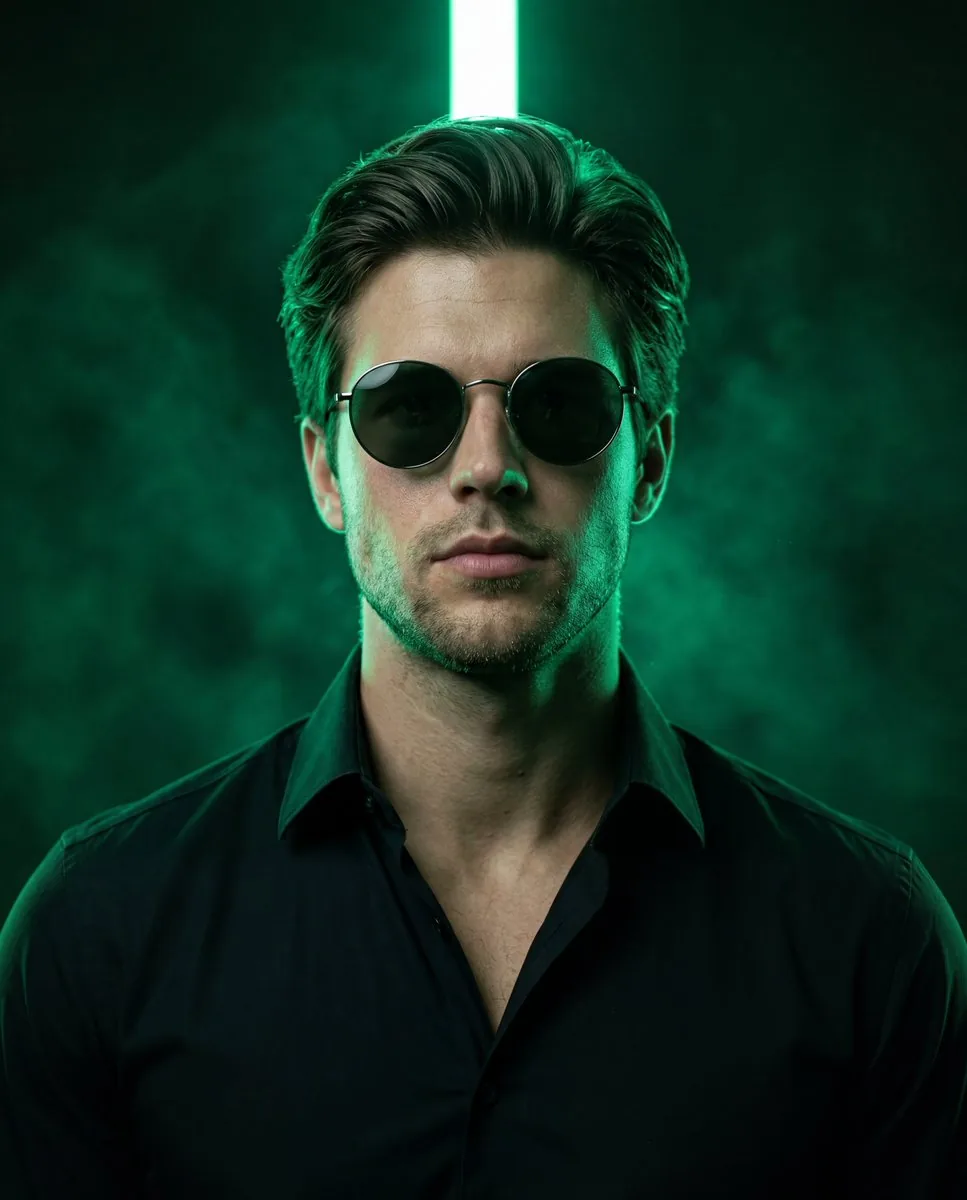 Emerald Neon Editorial Portrait - Nano Banana Pro AI Prompt for Product Marketing reference