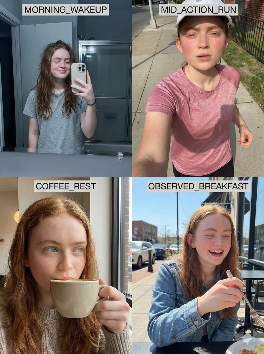 8K RAW Consistent Identity Daily Routine Grid (Sadie Sink) - Nano Banana Pro AI Prompt for Social Media Post reference