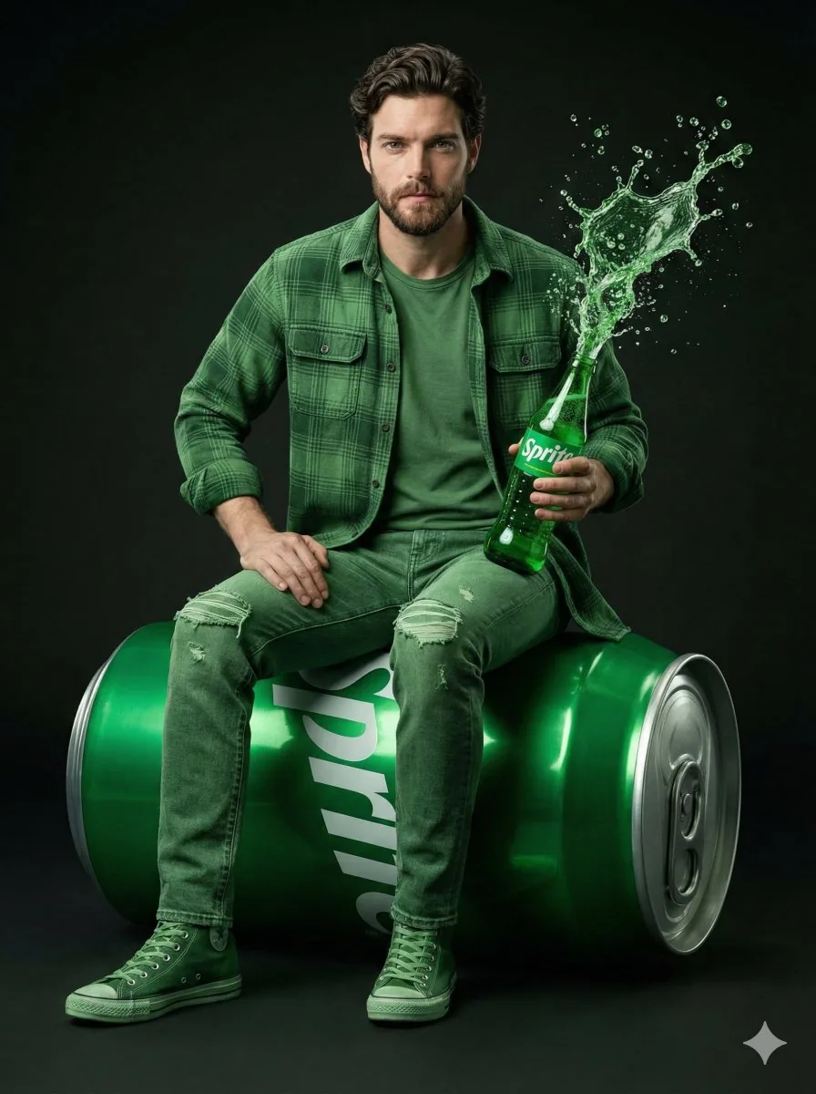 Giant Sprite Can Product Shot with Subject - Nano Banana Pro AI Prompt for Product Marketing reference