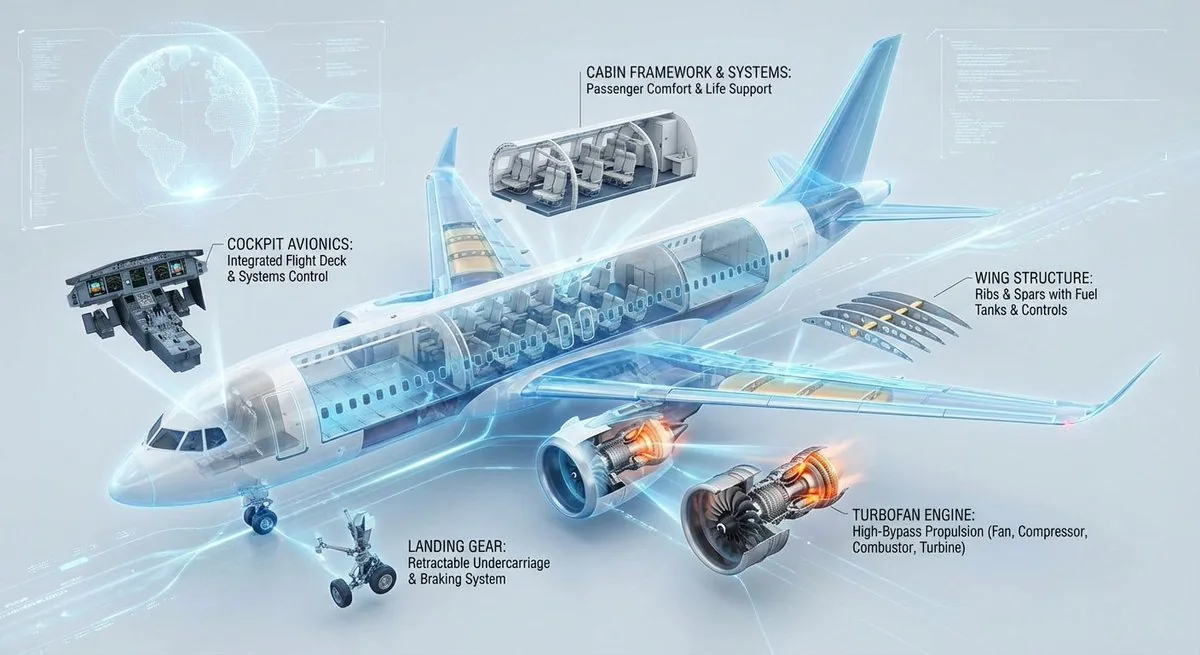 Cutaway infographic of a modern jet airliner reference