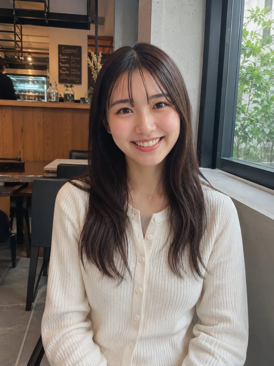 Realistic Cafe Portrait of Young Japanese Woman reference