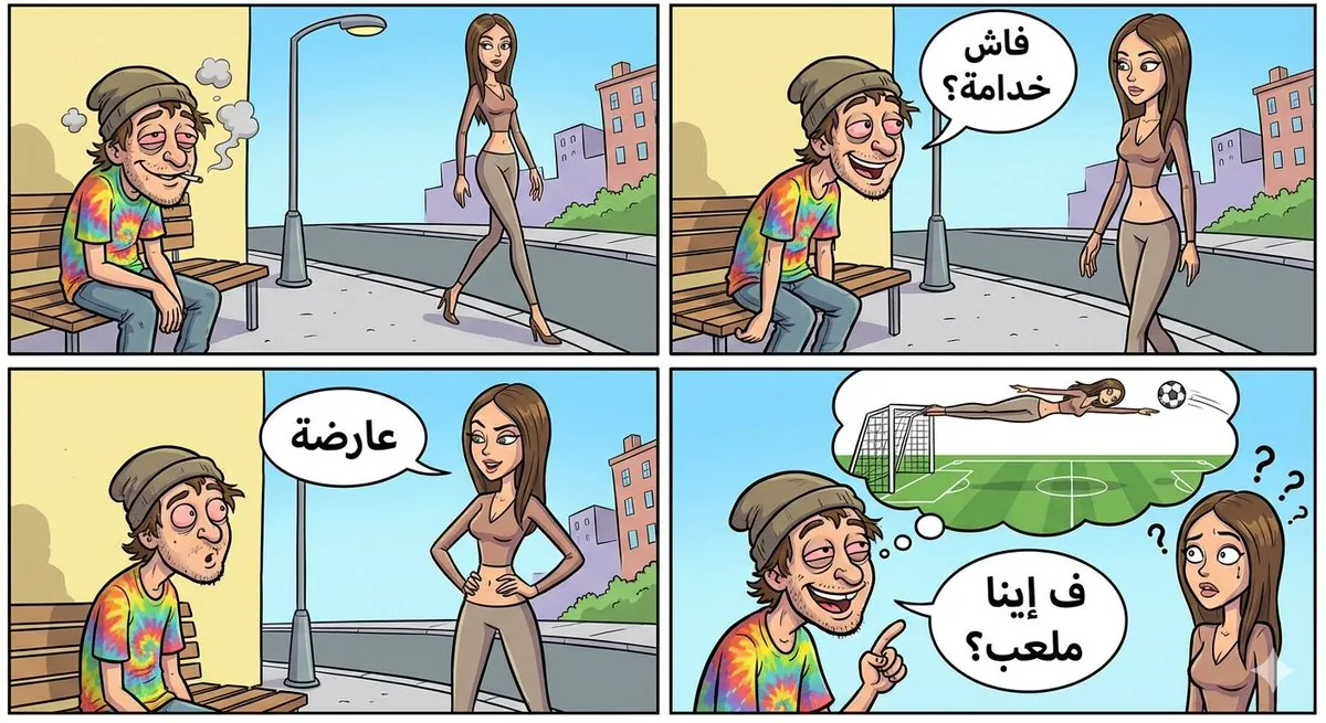 Visual story cartoon for a Moroccan Arabic joke reference