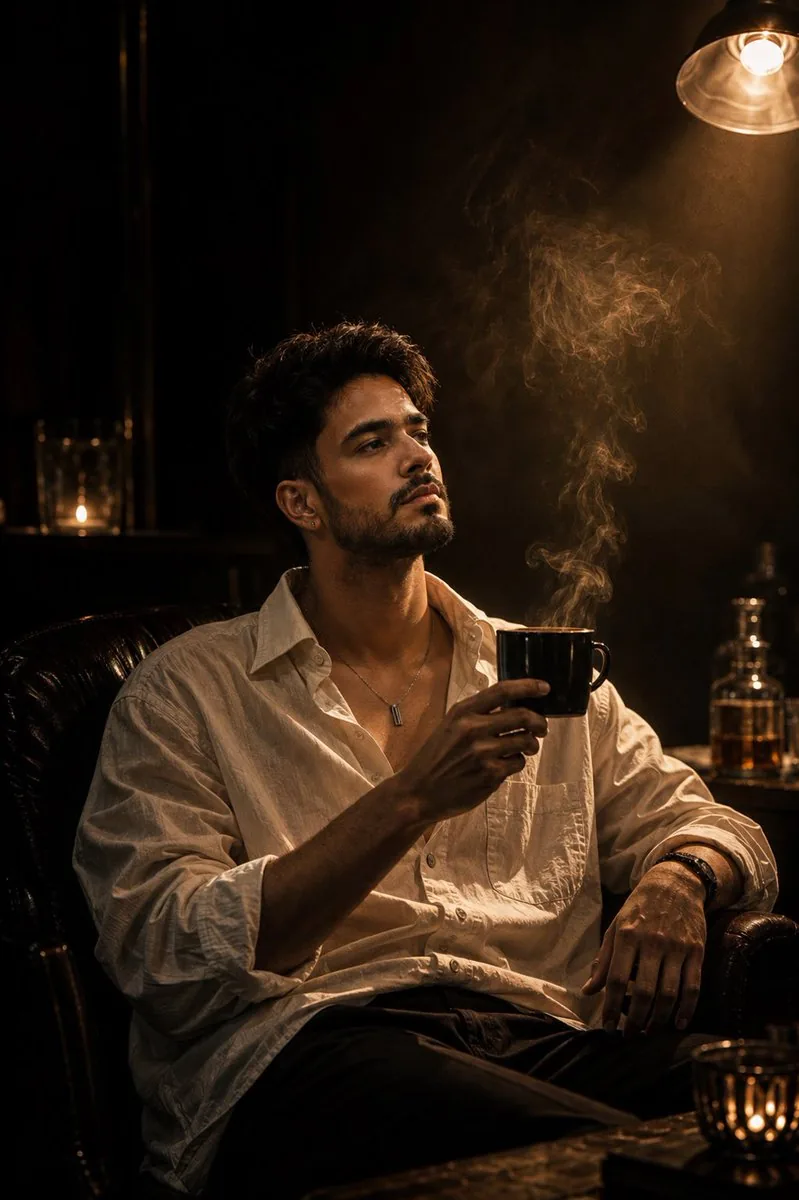 Luxury Whiskey Bar Introspective Portrait - Nano Banana Pro AI Prompt for Social Media Post reference