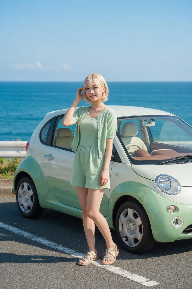 Mint Compact Car by the Sea reference
