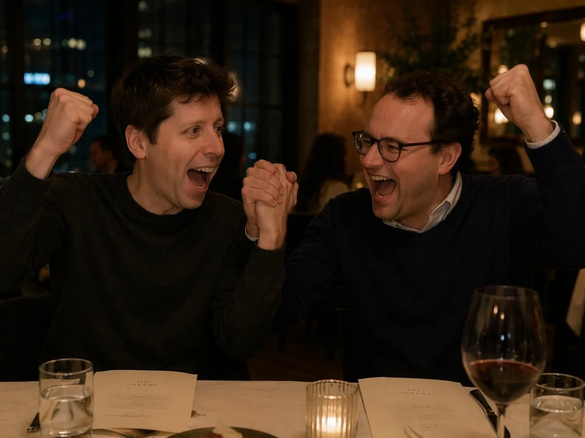 Two Men Celebrating at a Restaurant reference