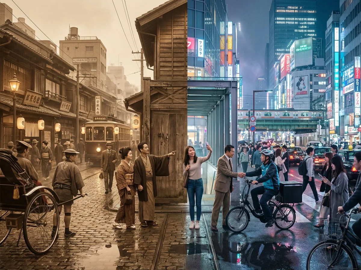 Tokyo Time-Blend Split-Screen - Nano Banana Pro AI Prompt for Comic / Storyboard reference