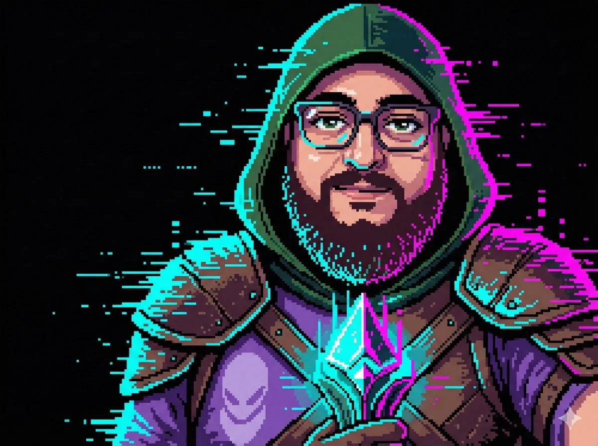 Pixel art character portrait with glitch effect reference