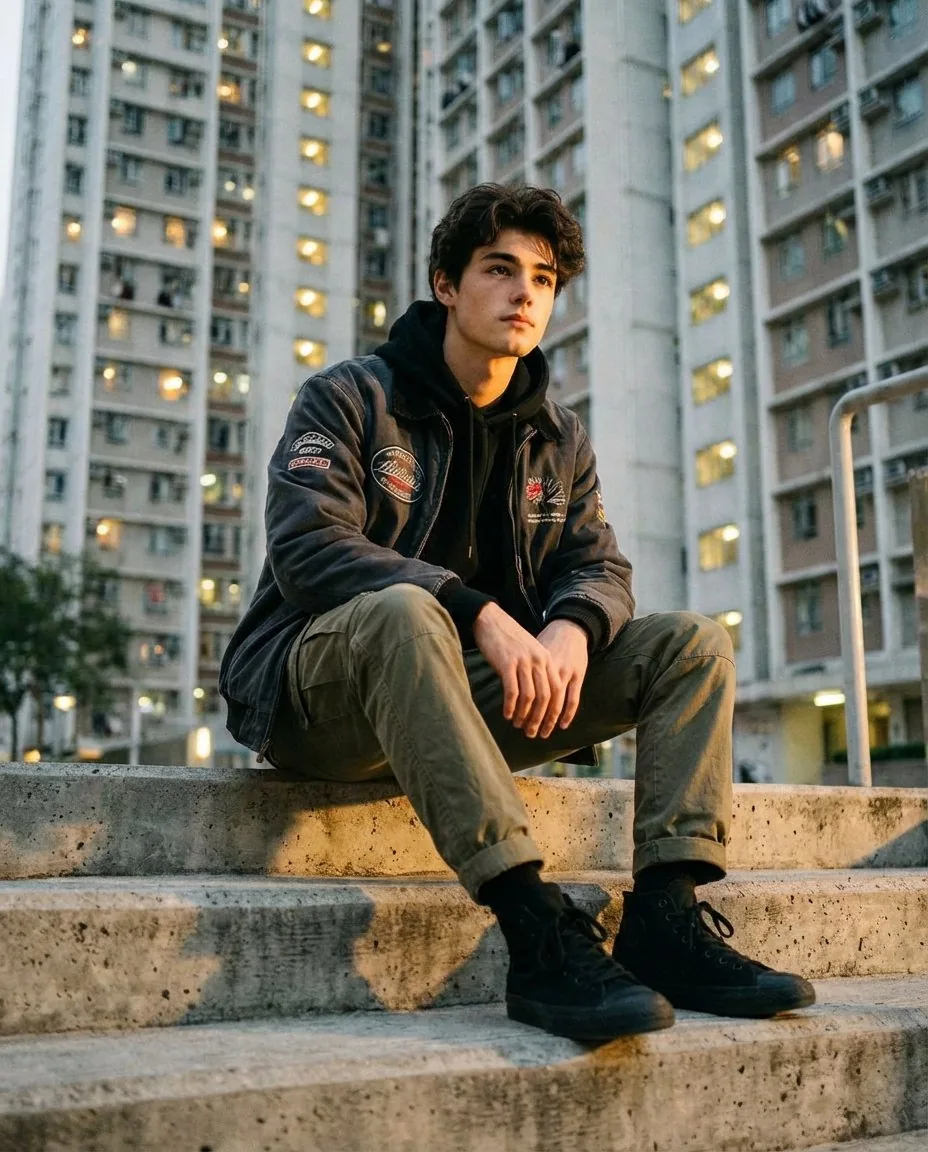 Urban Streetwear Portrait at Golden Hour Prompt reference