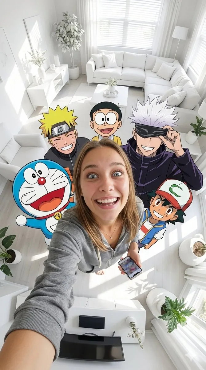 Fisheye selfie with anime characters reference