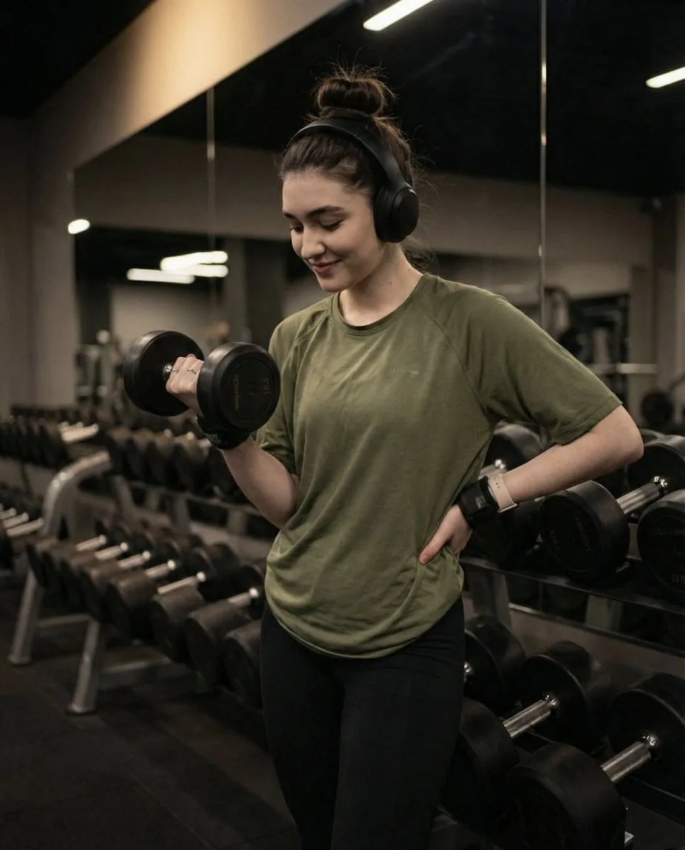Moody Fitness Influencer Gym Portrait - Nano Banana Pro AI Prompt for Social Media Post reference