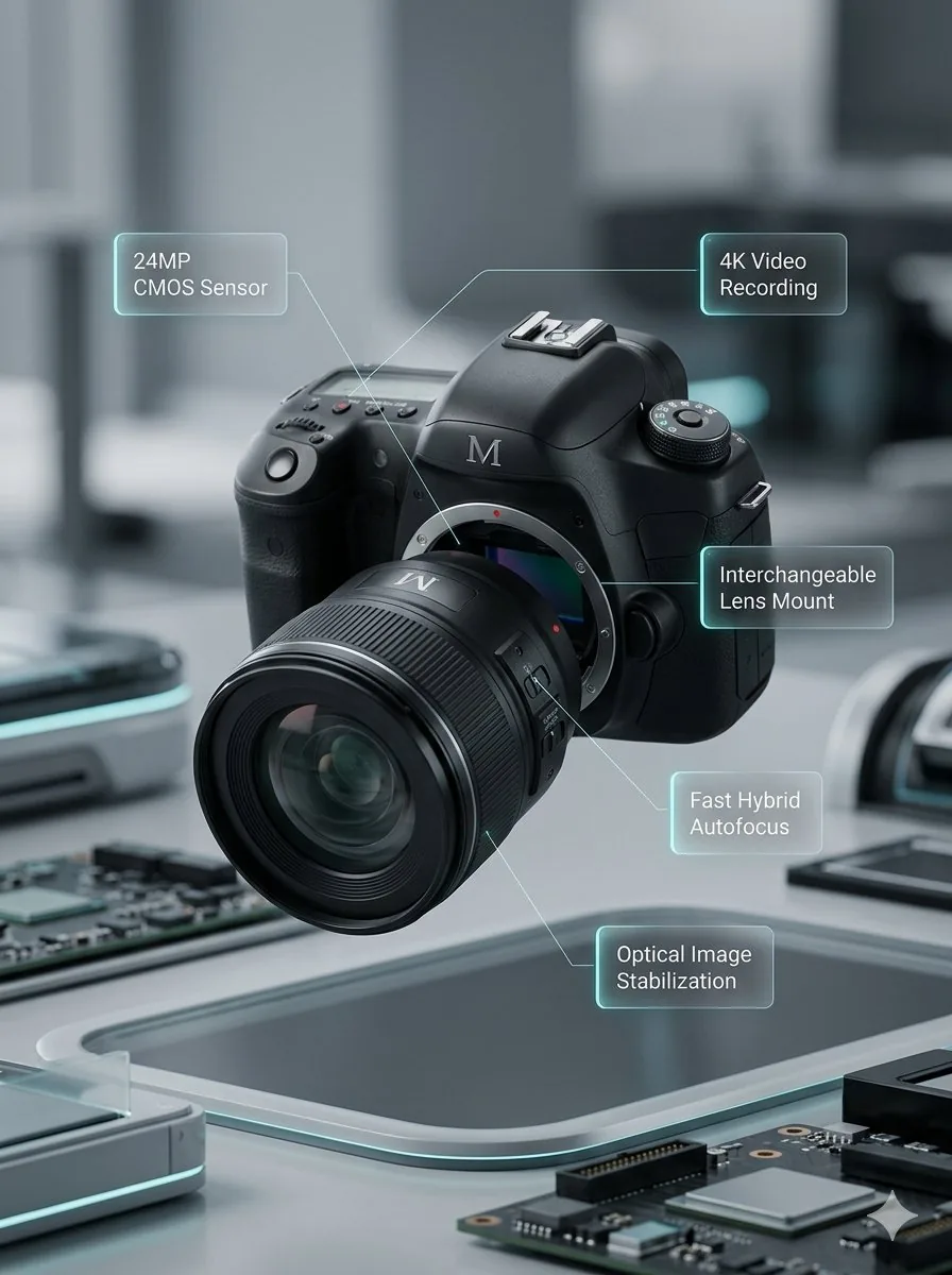 Deconstructed and Assembled M DSLR Camera Visualization - Nano Banana Pro AI Prompt for Product Marketing reference