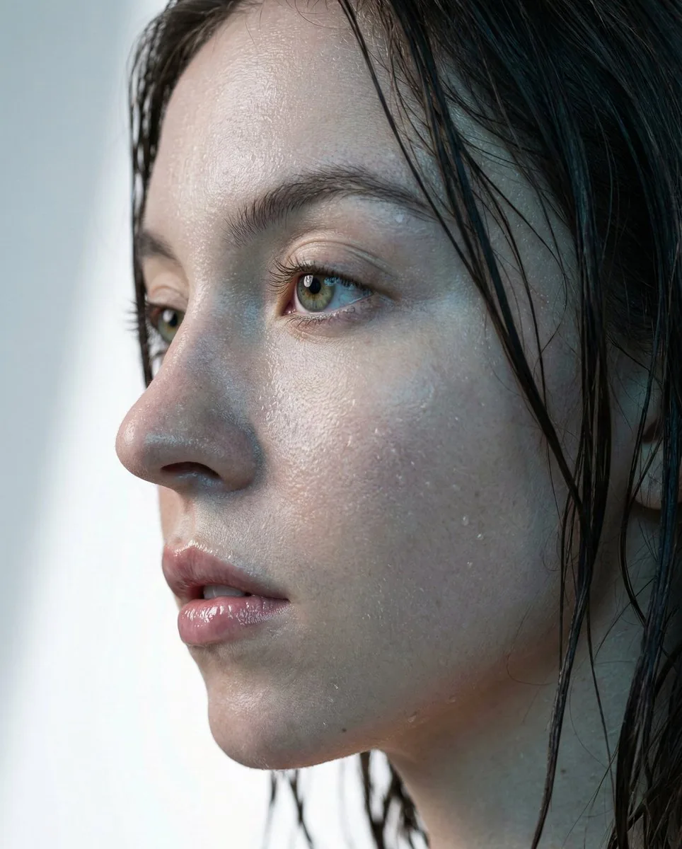 Hyper-Realistic Macro Portrait of Sydney Sweeney (Wet Look) - Nano Banana Pro AI Prompt for Social Media Post reference